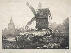Uma série de edifícios antigos e casas rurais no norte da Inglaterra: em Crowland, moinho de vento de Samuel Prout