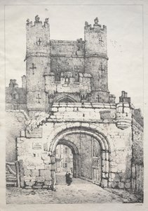 Uma série de edifícios antigos e casas rurais no norte da Inglaterra: em York, portão medieval de Samuel Prout
