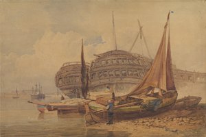 Cena costeira com barcos encalhados em primeiro plano, início de meados do século XIX. de Samuel Prout