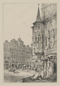 Facisimilies de Sketches feitos na Flandres e na Alemanha: Hotel de Ville, Praga de Samuel Prout