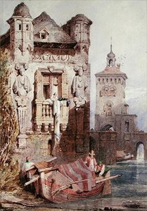 Figuras em um barco com prédios (aquarela sobre papel) de Samuel Prout