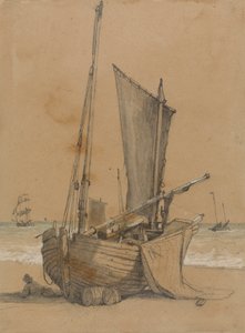 Barco de Pesca na Praia com um Brigadeiro no Mar de Samuel Prout