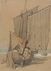 Barcos de Pesca na Praia com Secagem de Velas de Samuel Prout