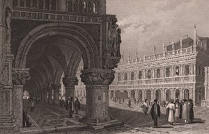Previsão da arcada do Palácio Doge (Palazzo Ducale) com vista para a Praça de São Marcos e Palácio da Biblioteca, Veneza, Veneto, Itália, gravura em aço após desenho de Samuel Prout (1783-1852), cerca de 15x11,5 cm de Samuel Prout