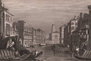 Gôndolas no Grande Canal (Canal Grande), Veneza, Veneto, Itália, gravura em aço após desenho de Samuel Prout (1783-1852), cerca de 15x11,5 cm de Samuel Prout