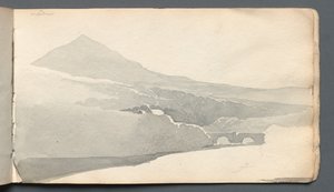 Caderno de desenho: Paisagem montanhosa com ponte, 1814. de Samuel Prout