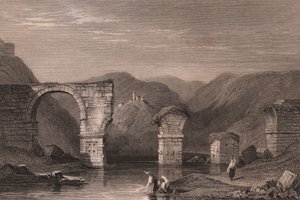 Vista das ruínas romanas da Ponte de Augusto sobre o rio Nera, Narni, Úmbria, Itália, gravura em aço após desenho de Samuel Prout (1783-1852), cerca de 15x11,5 cm