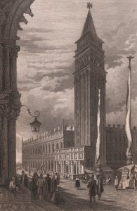 Vista da Torre do Sino de São Marcos em Veneza, Veneto, Itália, gravura em aço após desenho de Samuel Prout (1783-1852), cerca de 15x11,5 cm de Samuel Prout