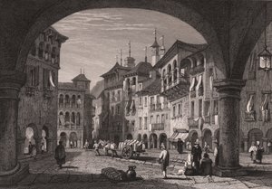 Vista da praça do mercado em Domodossola, Piemonte, Itália, gravura em aço a partir de um desenho de Samuel Prout (1783-1852), cerca de 16x11 cm de Samuel Prout