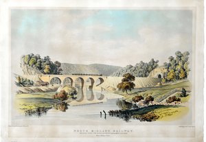 Ponte ferroviária de North Midland sobre o rio Derwent e a estrada de Matlock, perto de Amber Gate. 1840 (litografia colorida à mão sobre papel) de Samuel Russell