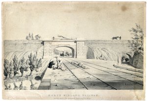 Ponte ferroviária de North Midland sob o canal de Cromford em Bull Bridge, c1840 (litografia colorida sobre papel) de Samuel Russell