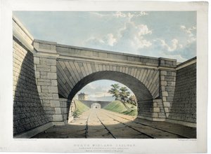 Caminhos-de-ferro de North Midland. Vista da ponte de New Street, etc., em Belper, virada para sul, c.1840 (litografia colorida à mão sobre papel) de Samuel Russell