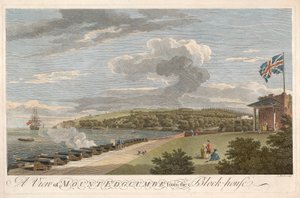 Uma vista do Monte Edgcumbe da Block House, pub. 1755. de Samuel Scott