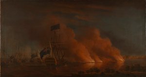 Navios de combate franceses atacam a frota britânica ao largo do Quebeque, 28 de junho de 1759 de Samuel Scott
