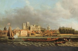 Vista de Westminster de Lambeth com uma barcaça real em primeiro plano de Samuel Scott