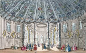 Vista interior da elegante sala de música em Vauxhall Gardens, gravada por H. Roberts, 1752 (gravura colorida à mão) de Samuel Wale
