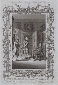 Pendergrass entregando a William III uma lista dos conspiradores envolvidos na trama do assassinato de Samuel Wale