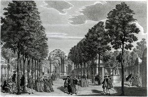 Os arcos triunfal, a estátua de Handel na Calçada Sul dos Jardins Vauxhall, gravada por John S. Muller (gravura e gravação colorida à mão) de Samuel Wale