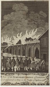 Vista da ponte temporária de Londres como apareceu em chamas na noite de 11 de abril de 1758 de Samuel Wale