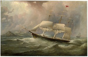 O navio de tosquiadeira Black Ball Line, Ocean Chief, reduz a vela em sua corrida australiana, c.1853