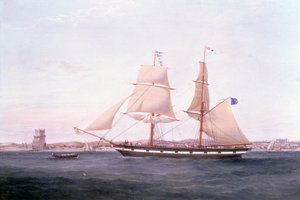 A Maria Helena ao largo de Lisboa com a Torre de Belém para além da sua proa