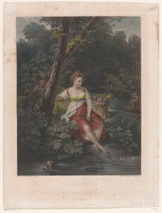 Jovem com coroa de flores e pés na água La Baigneuse (título no objeto) de Samuel William Reynolds (I)
