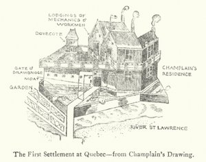 O primeiro assentamento francês no Quebec, no início do século XVII (litho)