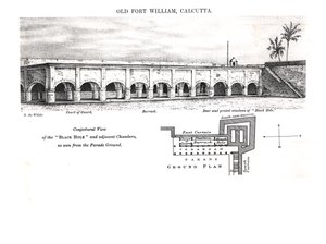 Old Fort William, Calcutta, com uma visão conjetural do "Buraco Negro" e câmaras adjacentes vistas da parada