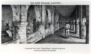 Antigo Forte William, Calcutá, com uma visão conjectural do &39;Buraco Negro&39;, com parte do quartel, vista do interior da varanda.