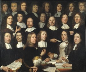 Retrato de Grupo dos Mestres da Casa da Moeda de Dordrecht (Portrait de groupe des maitres et des officer de la monnaie de Dordrecht) - Peinture de Samuel Dirksz van Hoogstraten (1627-1678) - 1674 - Óleo sobre tela - 139,5x166 - Museu Dordrechts de Samuel van Hoogstraten