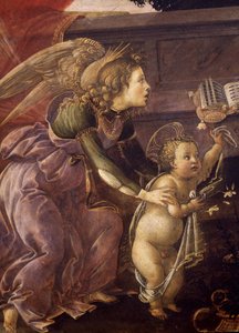 Madonna and Child with Three Angels (Madonna del Padiglione), detalhe do anjo com Cristo de Sandro Botticelli