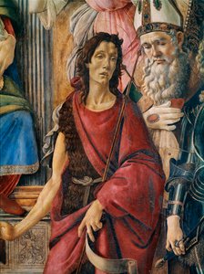 Pala di San Barnaba (Altarpiece of St. Barnaba): Nossa Senhora tem um filho com Santa Catarina de Alexandria, Santo Agostinho, São Barnabé e São João Baptista, Santo Inácio de Antioquia e o Arcanjo São Miguel. Detalhe mostrando São João Ba de Sandro Botticelli