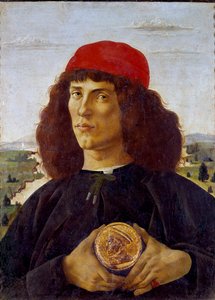 Retrato de um homem desconhecido com a medalha de Cosimo de Medicis (Cosimo de Medici). Pintura de Alessandro di Mariano dei Filipepi dit Sandro Botticelli (1445-1510). Tempera sobre tela, 57,5 x 44 cm de Sandro Botticelli