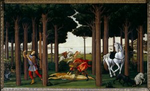 História de Nastagio degli Onesti: Caça Infernal" segundo painel de uma série de quatro: Nastagio, infeliz no amor, assiste à evisceração de uma jovem culpada de não trocar o amor que um cavaleiro carrega, e que será devorada por cães. De uma pequena estol de Sandro Botticelli