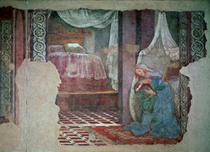 O Detalhe da Virgem da Anunciação. Fresco por Alessandro di Mariano dei Filipepi dit Sandro Botticelli (1445-1510). 1481 Sol. 245x535 cm Florença, Galeria Uffizi (Escritórios) de Sandro Botticelli
