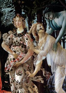 A mola. Pormenores: Zephyr a agarrar a ninfa Chloris usando um véu transparente e Flora no seu vestido floral (Pintura de Sandro Botticelli
