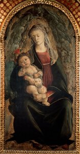 Virgem e Criança em glória rodeada de anjos Serafins Detrempe sobre madeira por Alessandro di Mariano dei Filipepi, dit Sandro Botticelli (1445-1510) 1469-1470 Dim. 120x65 cm Florence Galleria degli Uffizi (Uffizi) de Sandro Botticelli