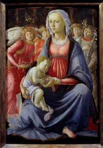 Virgem e Criança rodeadas por cinco anjos Pintura de Alessandro di Mariano dei Filipepi dit Sandro Botticelli (1445-1510) Sol do século XV. 0,58x0,4 m de Sandro Botticelli