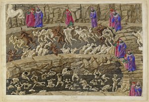 A Divina Comédia, Inferno XVIII. Virgílio e Dante no oitavo círculo do Inferno (Malebolge), 1.ª e 2.ª Bolgia: castigo dos alcoviteiros e sedutores, dos bajuladores e das prostitutas de Sandro Botticelli