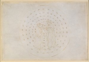 A Divina Comédia, Paraíso VII. Segunda esfera planetária (Céu de Mercúrio): Beatriz introduz Dante às complexas questões da justiça divina, bem como da culpa original do ser humano e da redenção através da morte de Cristo de Sandro Botticelli