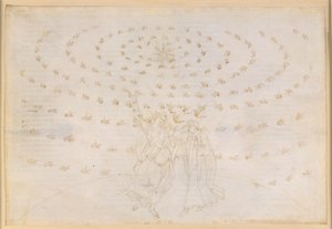 A Divina Comédia, Paraíso XXVI. Oitava Esfera (Céu das Estrelas Fixas): João questiona Dante sobre a terceira virtude teológica, o amor; Dante recupera a visão com maior intensidade; surge a luz de Adão de Sandro Botticelli
