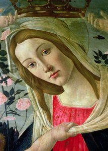 Madonna e criança coroada por anjos, detalhe do óleo de Madonna no painel de Sandro Botticelli