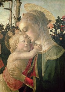Madonna e criança com São João Batista, detalhe do óleo de Madonna e criança no detalhe do painel de 93886 de Sandro Botticelli