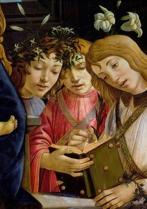Maria com a criança, João Batista e anjos. Detalhe. Por volta de 1490 de Sandro Botticelli