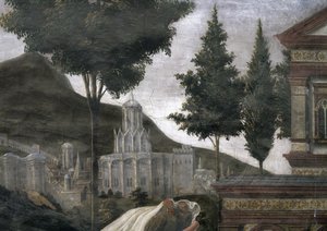 A Purificação do Leproso e a Tentação de Cristo, na Capela Sistina: detalhe de uma cidade imaginária em uma paisagem, 1481 afrescos de Sandro Botticelli