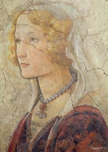 Venus e as três graças que oferecem presentes a uma menina, detalhe da cabeça das meninas, detalhe de 1486 afresco de 33760 veja igualmente 93892-93894 de Sandro Botticelli