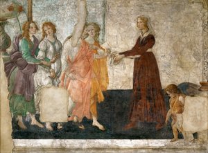 Vênus e as três graças oferecendo presentes a uma jovem garota, 1484-1486 de Sandro Botticelli