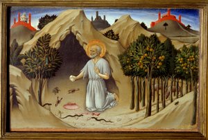 Cena da vida de São Jerônimo: "A penitência de São Jerônimo" Pintura de Sano di Pietro (1406-1481) século XV. Sol 0,23x0,36 m de Sano di also Ansano di Pietro di Mencio Pietro