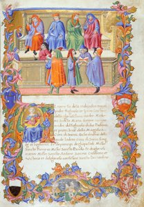 O Tribunale della Mercanzia (Tribunal da Mercadoria), miniatura dos Estatutos dos Comerciantes nº 6 de Sano di Pietro.