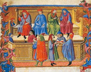 Miniatura do Tribunal de Comércio dos Estatutos dos Comerciantes por Sano di Pietro (1472), Itália Século XV.